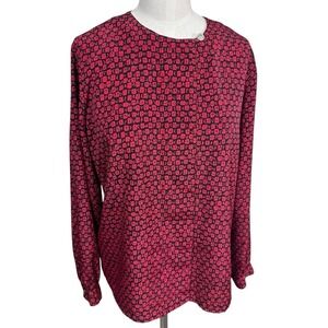 Vintage Diversity Petite 10 Red Abstract Blouse Mod‎ Asymmetrical Button Detail